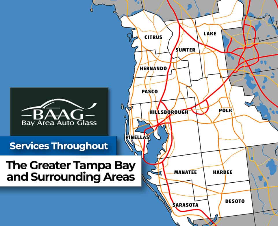 A Bay Area Auto Glass service area map showing the Greater Tampa Bay Area and outlying counties.